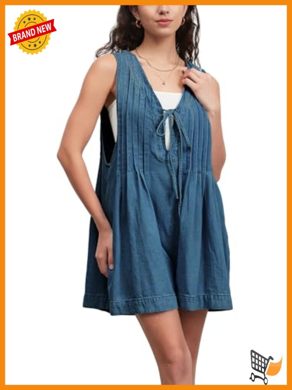Sleeveless Denim Romper V Neck Tie Front with Pockets